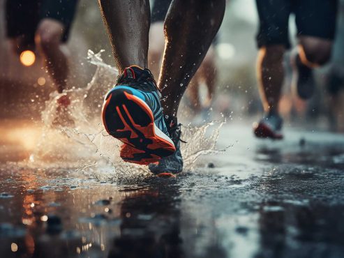 عکس کفش دونده در باران – نمای نزدیک از مسابقه نیمه‌ماراتن شهری